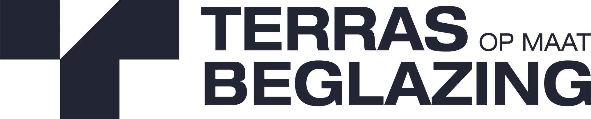 Logo met een geometrische vorm aan de linkerkant en de woorden "TERRAS OP MAAT BEGLAZING" in vette, zwarte hoofdletters op een lichte achtergrond.